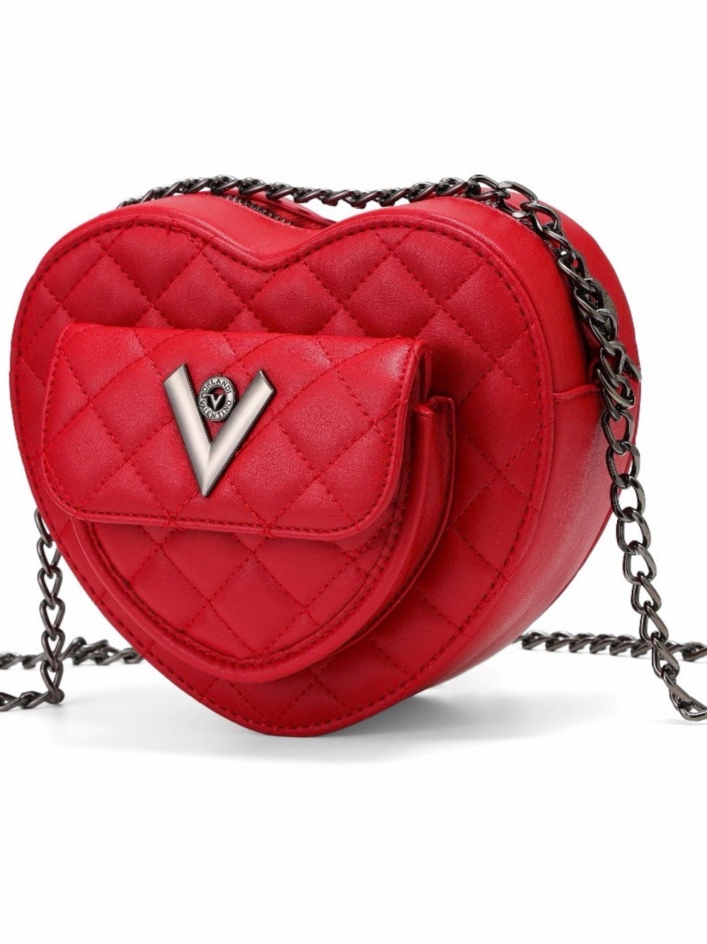 Red Quilted Heart Crossbody Bag with Chain Strap